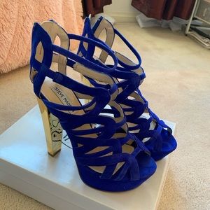 Steve Madden blue heels with mirrored gold heel